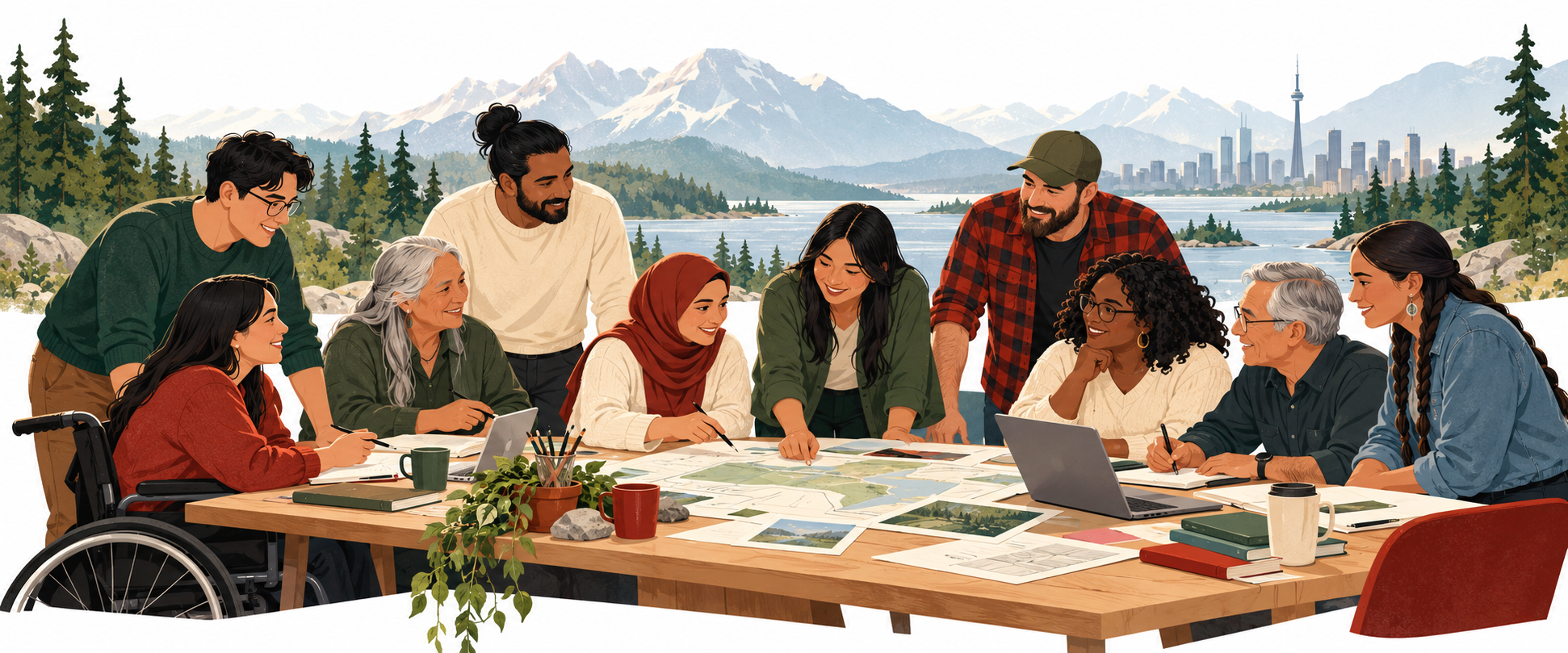 An inclusive illustrated Canadian community, including Indigenous participants, collaborating around a shared table.